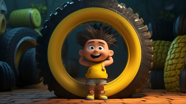 A photo of a 3D character with a tirethemed art