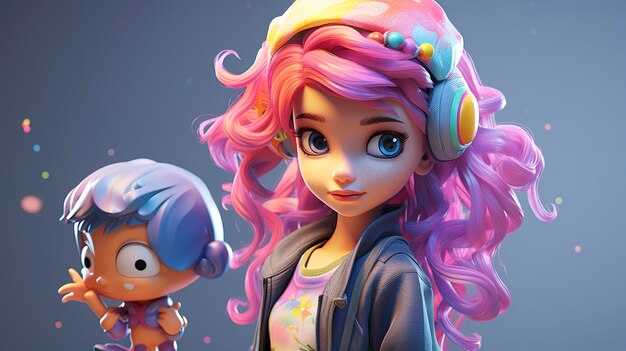 A photo of a 3D character with vibrant hair colors