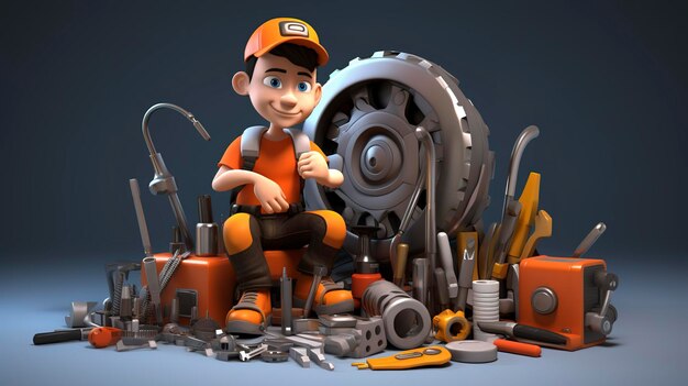 A photo of a 3D character with a wrench fixing IT