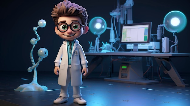 A photo of a 3D character working on a digital lab