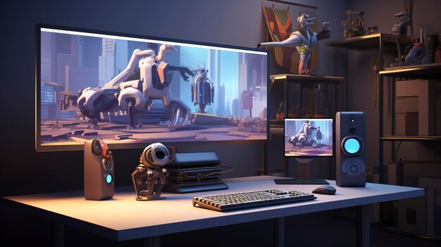 A photo of a 3D character at a workstation