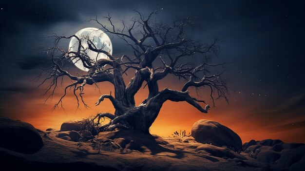 Фото 3d фон на Хэллоуин с силуэтом дерева на фоне луны