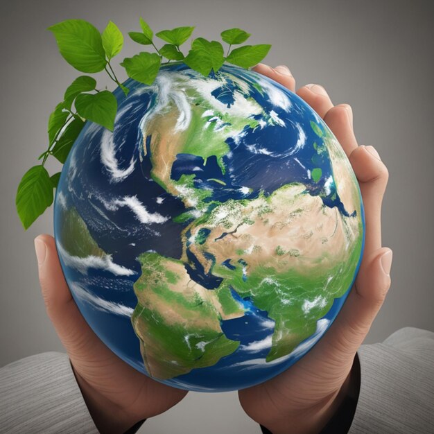 Photo 3d illustration of earth day man holding globe with a leaf growin New