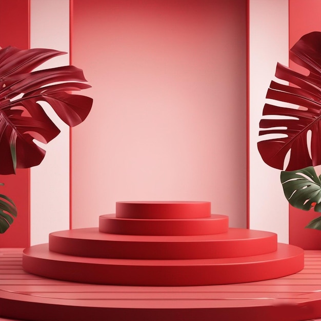 빈 빨간 포디움 무대의 3D 일러스트레이션 사진 몬스테라 열대 식물 추상적인 배경