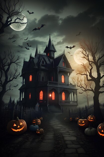 Photo 3d illustration of a halloween concept dark background with mon of a castle