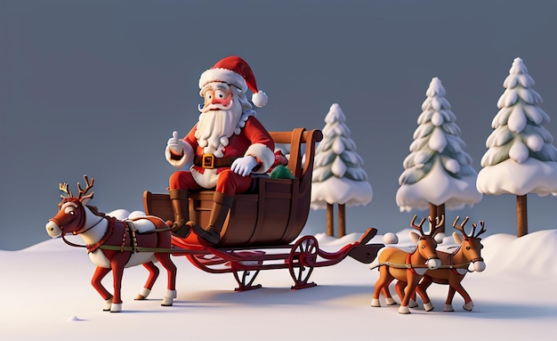 Фото 3D-иллюстрация Санта-Клауса на санях с подарочной коробкой