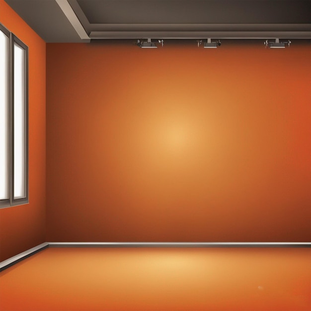 オレンジ色の壁に壁紙を貼ったスタジオルームの3Dインテリア