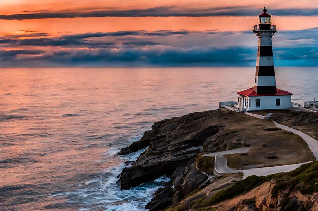 Photo 3d real world ocean on sunset view day end beauty with lighthouse