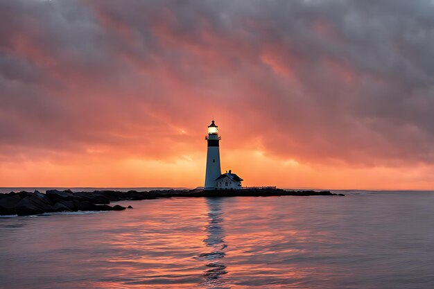 Photo 3d real world ocean on sunset view day end beauty with lighthouse