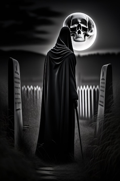 Фото 3D-рендер призрака в виде женщины в костюме Хэллоуина с жуткими тыквами