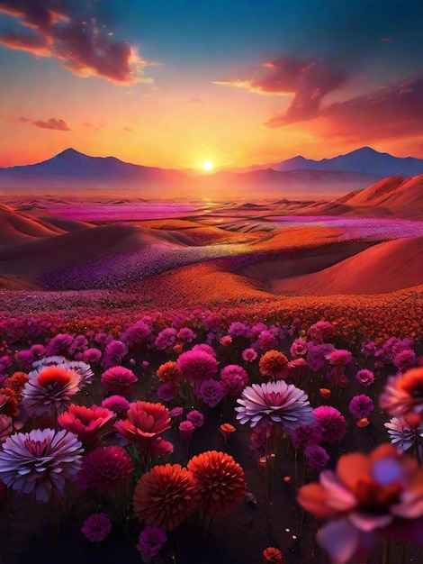 Photo 3d render lanscape of colorful flower field at sunset on mars beautiful and amazing nature