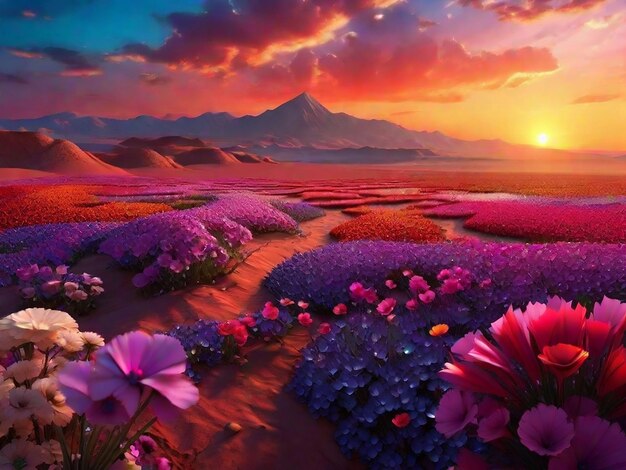 Photo 3d render lanscape of colorful flower field at sunset on mars beautiful and amazing nature