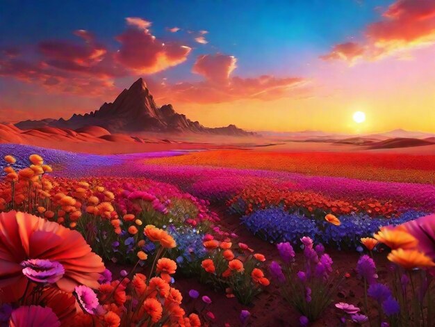 Photo 3d render lanscape of colorful flower field at sunset on mars beautiful and amazing nature