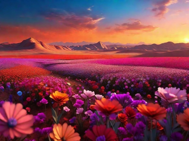 Photo 3d render lanscape of colorful flower field at sunset on mars beautiful and amazing nature