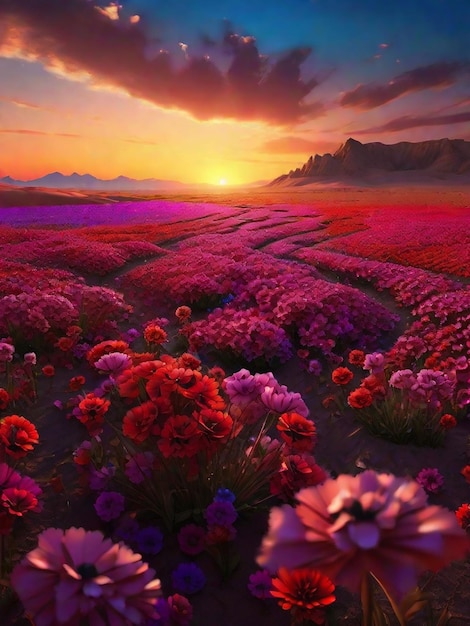 Photo 3d render lanscape of colorful flower field at sunset on mars beautiful and amazing nature