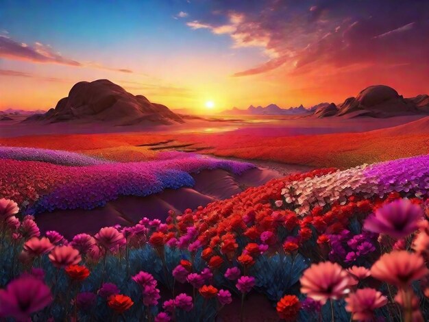 Photo photo 3d render lanscape of colorful flower field at sunset on mars beautiful and amazing nature