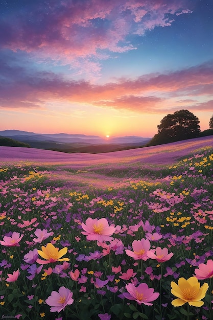 Photo 3d render lanscape of colorful flower field at sunset on mars beautiful and amazing nature