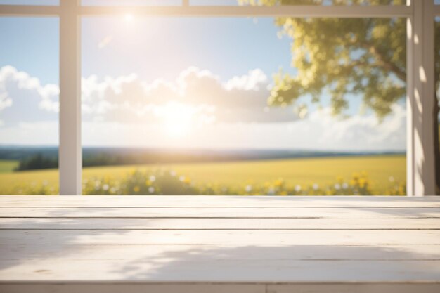 Photo photo 3d render of a white wooden table looking out to a defocussed sunny