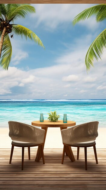 Photo 3d render of a wooden table looking out to tropical ocean