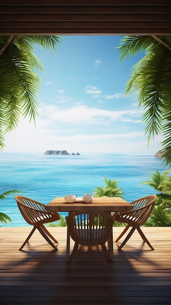 Photo 3d render of a wooden table looking out to tropical ocean