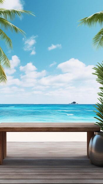 Photo photo 3d render of a wooden table looking out to tropical ocean