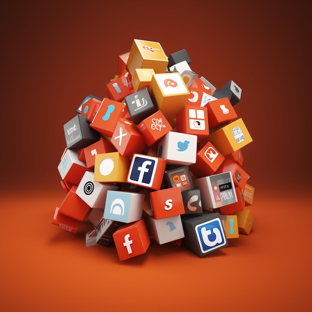 Photo 3d rendering of a bunch of square logos of the main social media apps over orange background