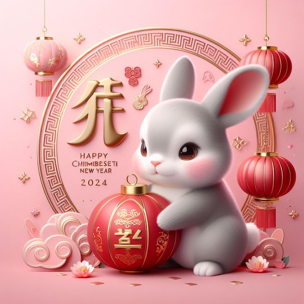 Photo 3d Rendering Illustration For Happy Chinese New Year 2024 The Rabbit Zodiac Sign Background