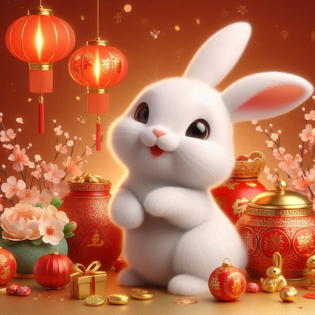 Photo 3d Rendering Illustration For Happy Chinese New Year 2024 The Rabbit Zodiac Sign Background