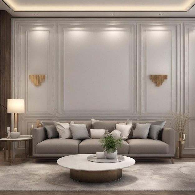 Photo 3d rendering of living room with wall panel decoration wallpaper