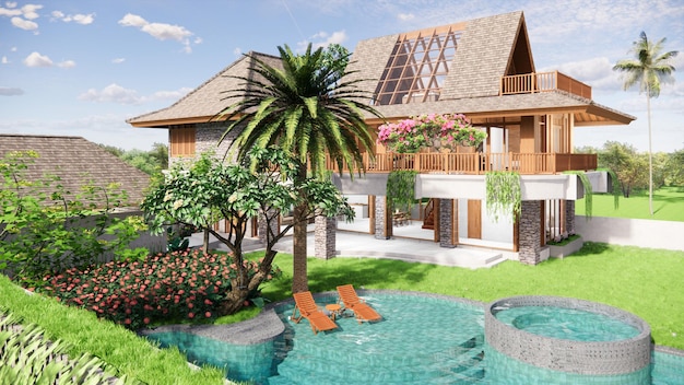 Photo 3d rendering of modern luxury wooden villas with large garden and swimming pool