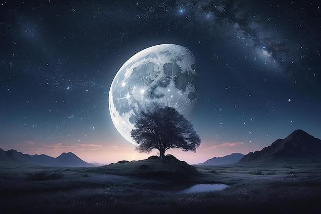 photo 3d tree against a moon night sky