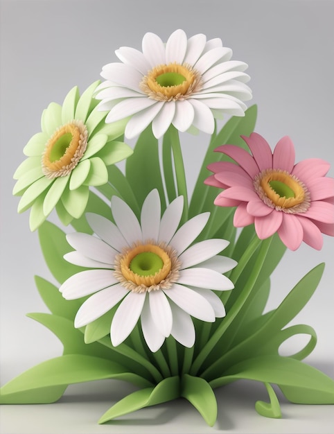 Photo 3d white green pink symetric daisies flowers