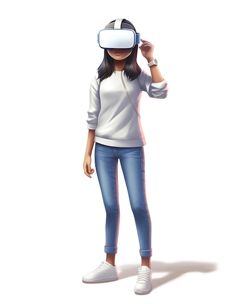 Photo of 3d young girl wearing virtual reality glasses generative ai