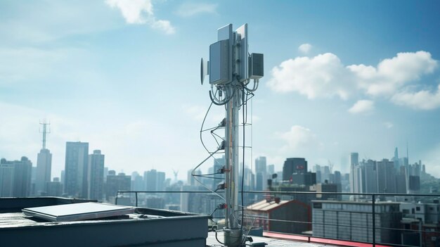 photo of a 5G antenna on a rooftop in an urban area