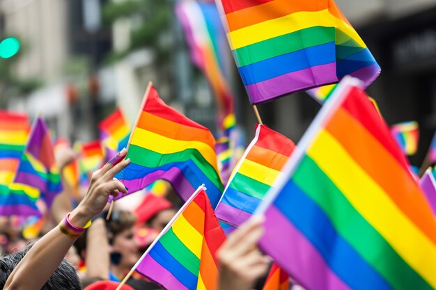 写真 lgbti 団体の虹の旗を掲げた群衆の写真