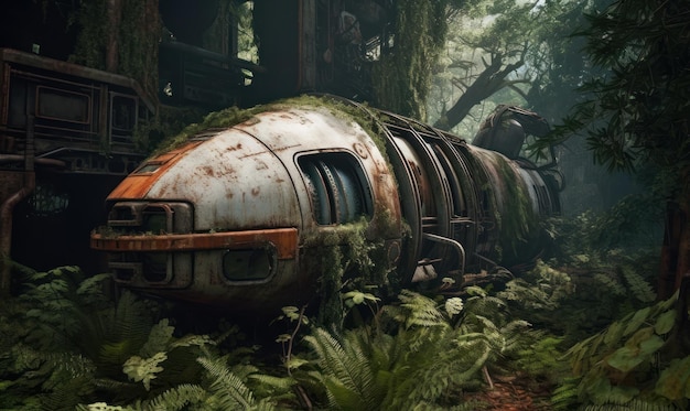 A photo of an abandoned abandoned plane in the jungle.