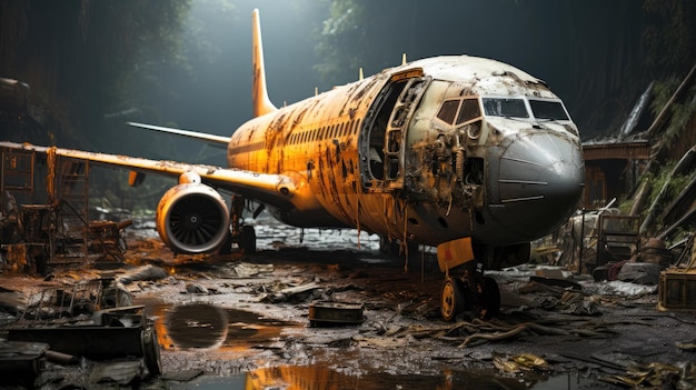 Photo of an abandoned damaged plane in the middle jungle of a muddy wilderness