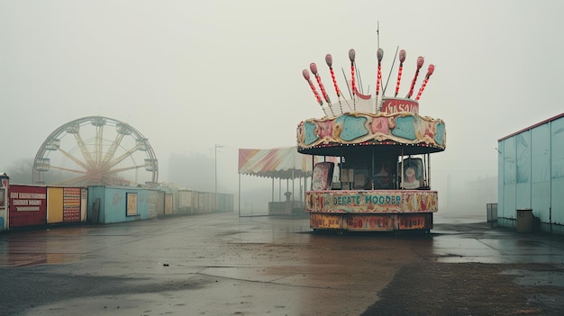 A photo of an abandoned fairground with faded attractions