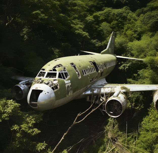 Photo an abandoned plane in the jungle Generative AI