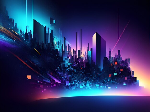 Photo of an abstract cityscape with vibrant neon lights against a dark backdrop