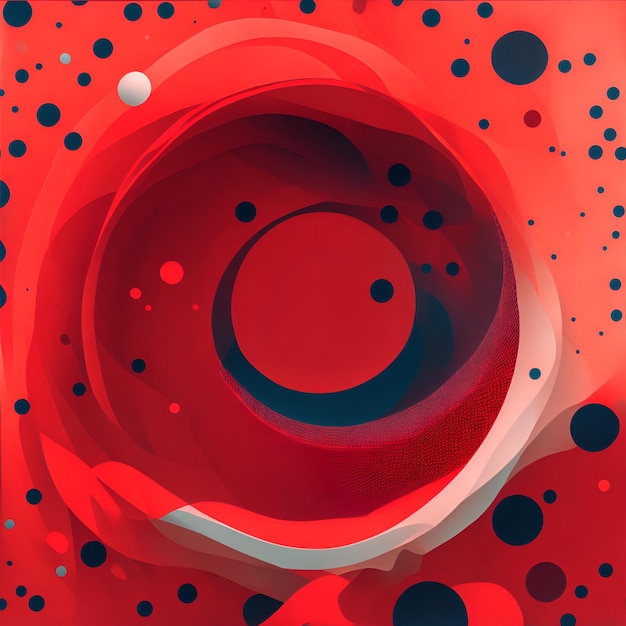 Photo of an abstract painting with red and black circles and dots