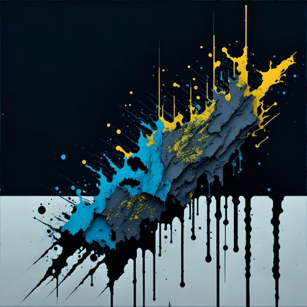 Photo of an abstract painting with yellow and blue paint splatters on a black background