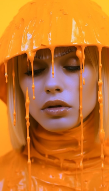 Foto ritratto di una donna con il viso coperto da gocce di miele generato da ai