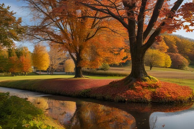 Foto foto astratto singolo albero d'autunno in piedi nell'erba lunga sulla riva di un fiume primo piano estremo rendering 3d