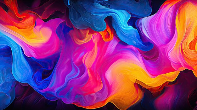 A photo of abstract swirls in neon colors glowing background