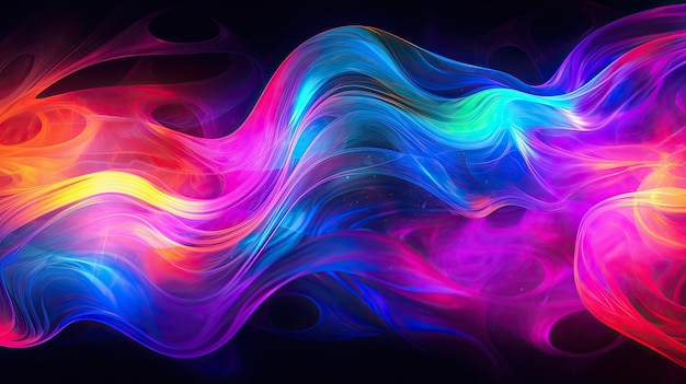 A photo of abstract swirls in neon colors glowing background