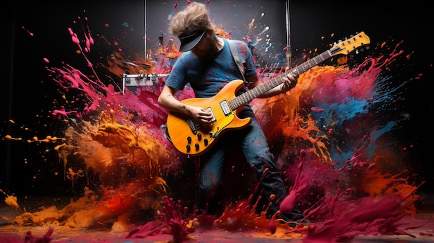 AIによって生成されたカラフルな動きで爆発する写真の抽象的な水彩画のギター