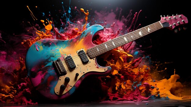 Photo photo abstract watercolor guitar exploding with colorful motion generated by ai