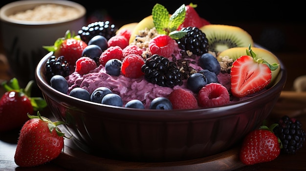 Photo of acai with fruits in the bowl generative ai