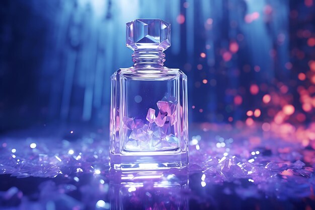 Photo of acrylic bottle cosmetic surrounded by floating gems levitati cosmetic packaging concept